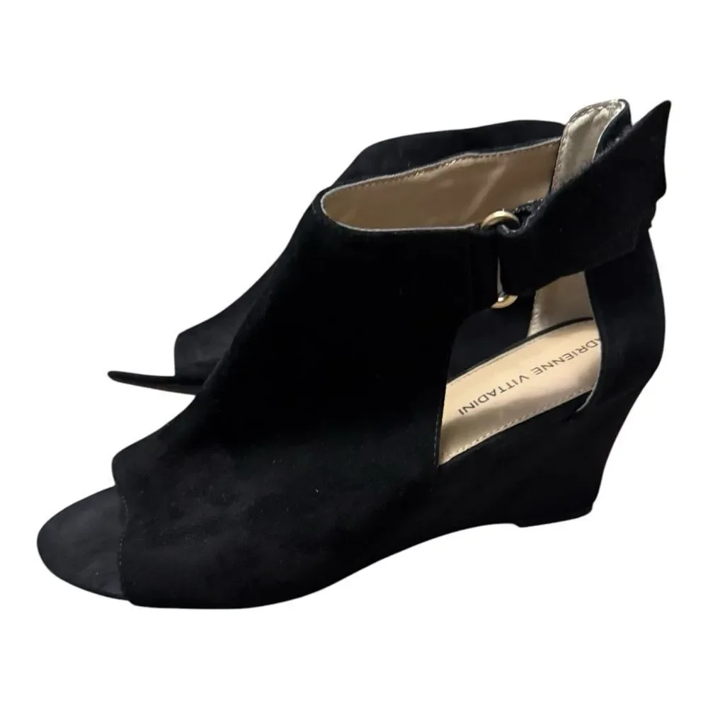 Adrienne Vittadini NELO Open Heel/ Toe Black suede, wedge heel size 9
